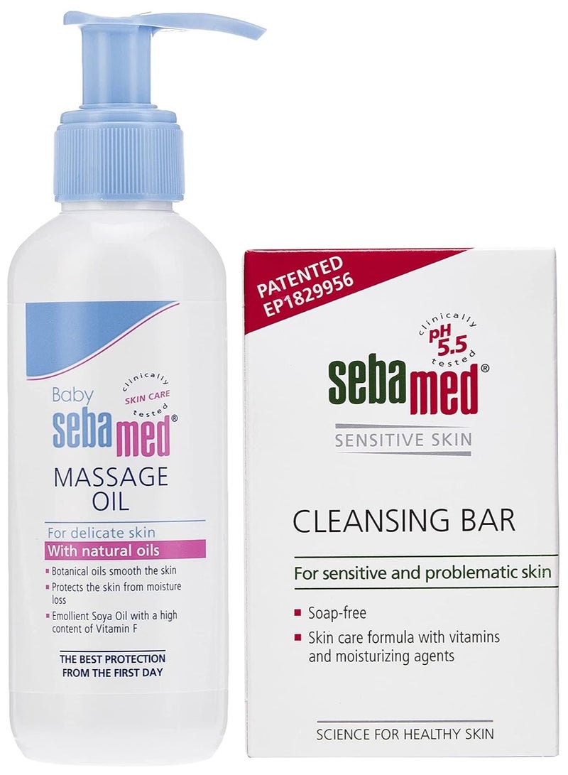 Sebamed Baby Massage Oil, 150ml & Sebamed Cleansing bar for sensitive and problematic skin, 100gm - Image 1